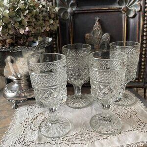 Anchor Hocking Wexford clear faceted diamond starburst glass goblets vintage